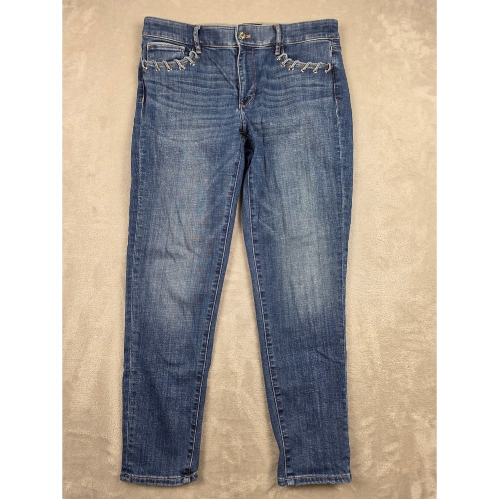 White House Black Market Girlfriend Jeans Womens 8 Blue Mid Rise Grommet Lace Up